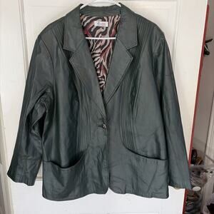 D & Co Womens Green Leather Blazer Jacket XL Retro Polished Lined Pockets Classy